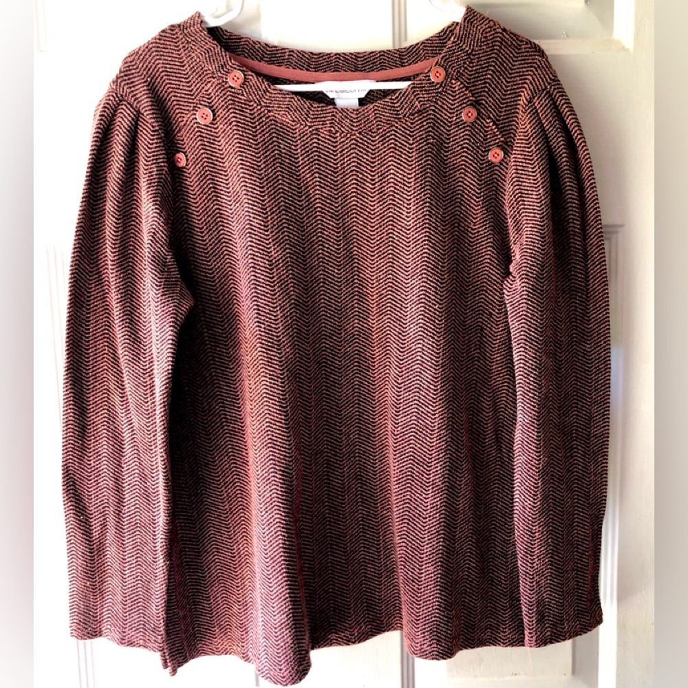 Liz Claiborne Rose Pink Black Herringbone Pattern Button Detail Sweater Large
